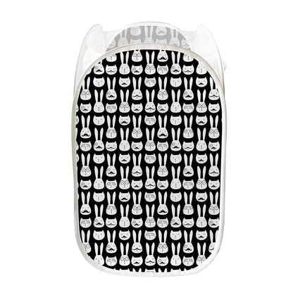 Rabbit And Cat Pattern Print Mesh Laundry Hamper