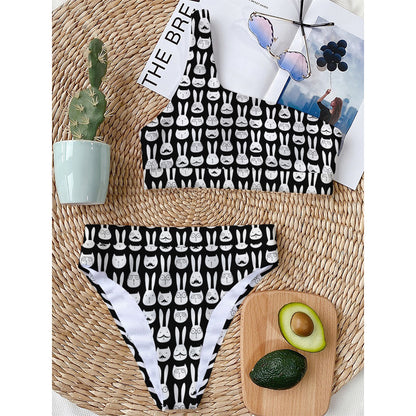 Rabbit And Cat Pattern Print One Shoulder Bikini Top