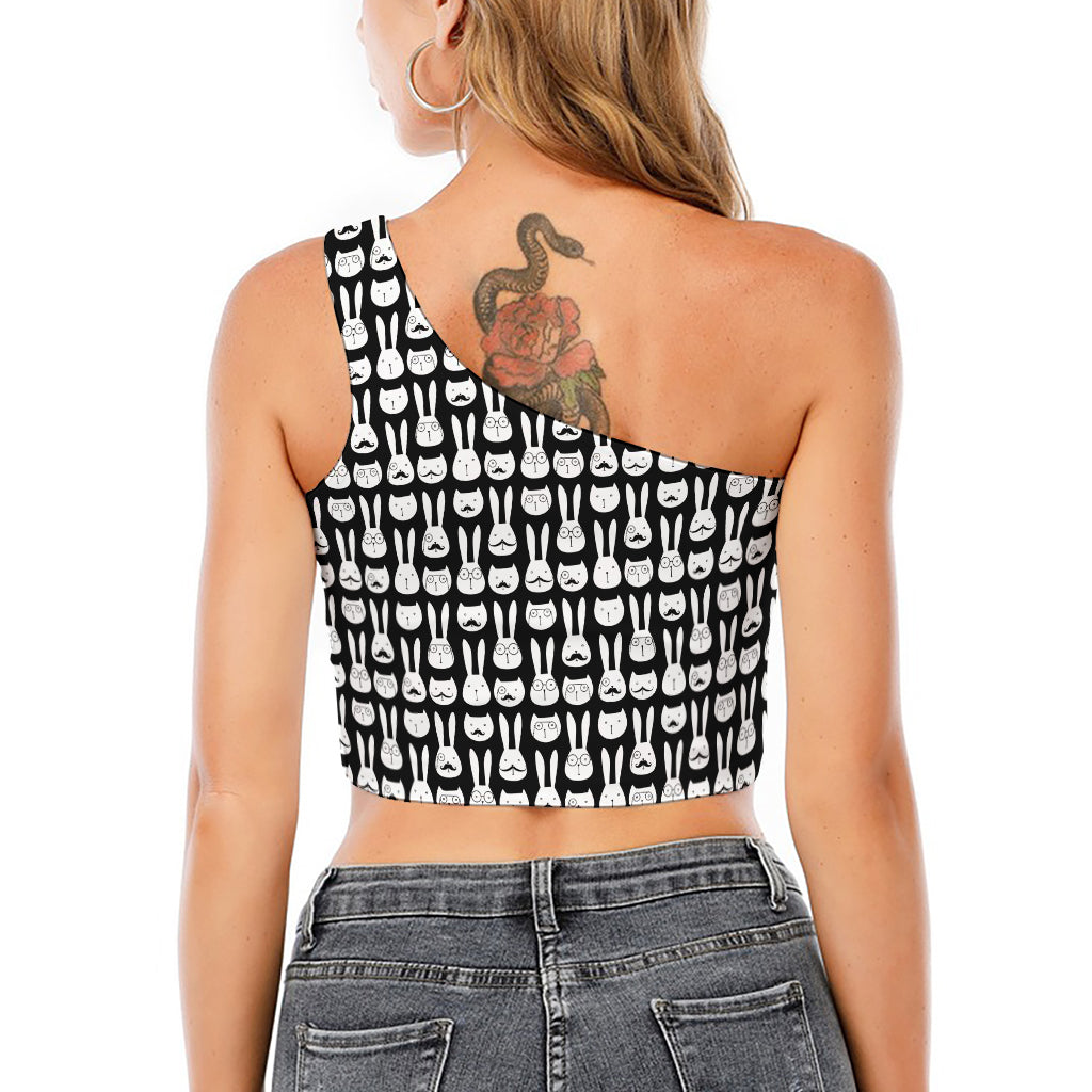 Rabbit And Cat Pattern Print One Shoulder Crop Top