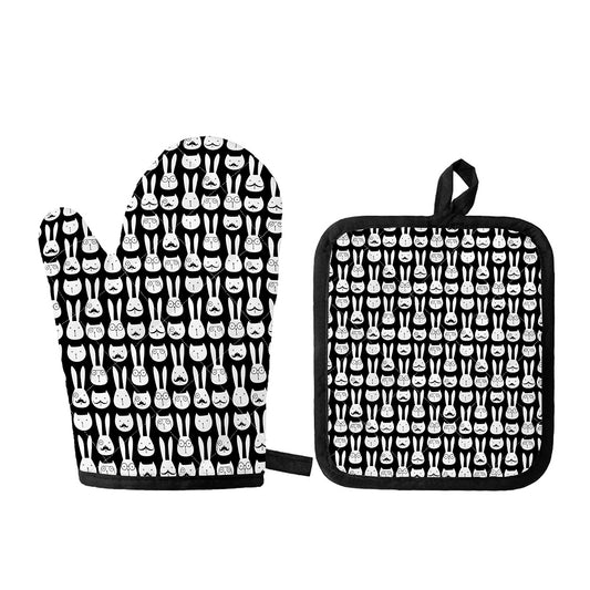 Rabbit And Cat Pattern Print Oven Mitt And Pot Holder Set