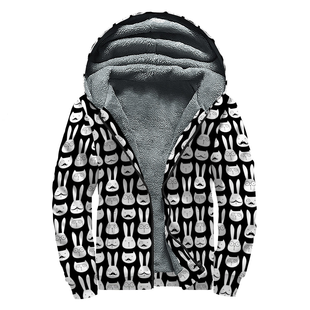 Rabbit And Cat Pattern Print Sherpa Lined Zip Up Hoodie
