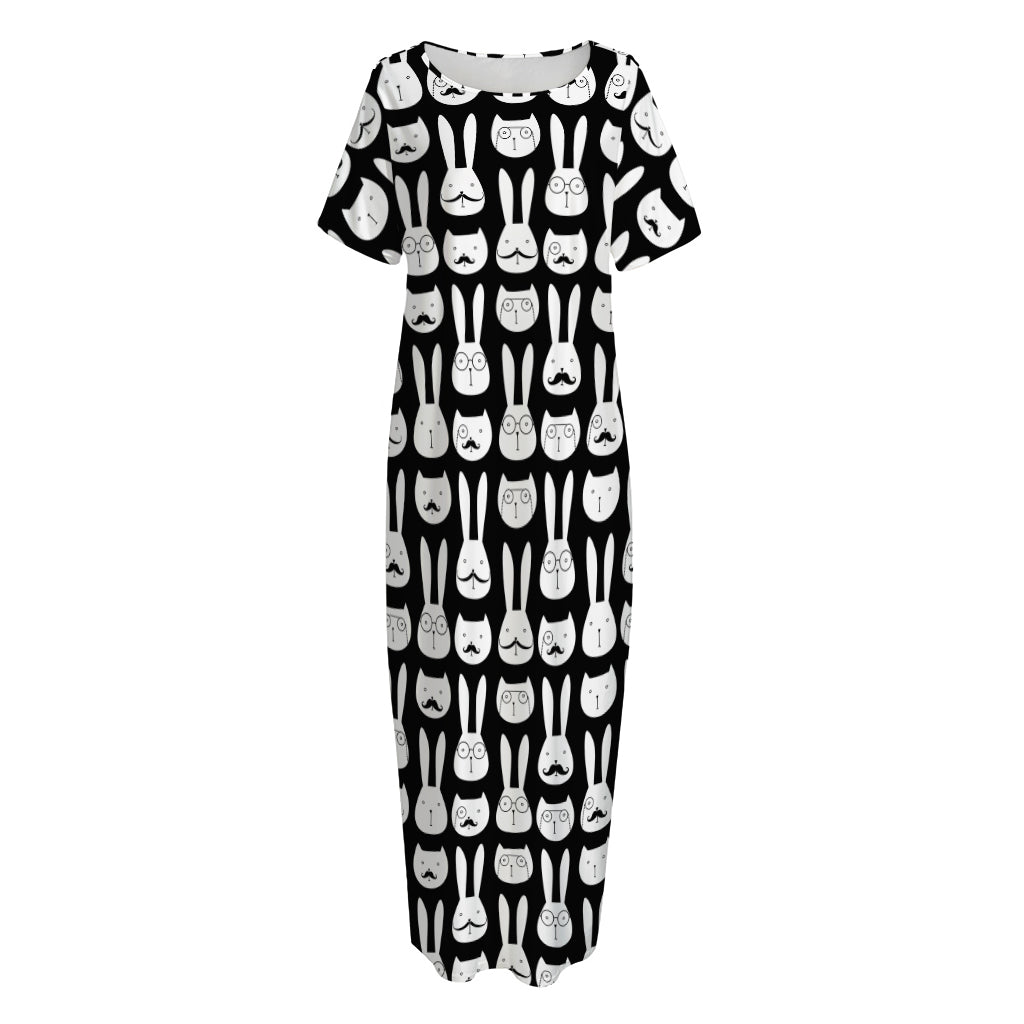 Rabbit And Cat Pattern Print Short Sleeve Long Nightdress