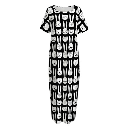 Rabbit And Cat Pattern Print Short Sleeve Long Nightdress