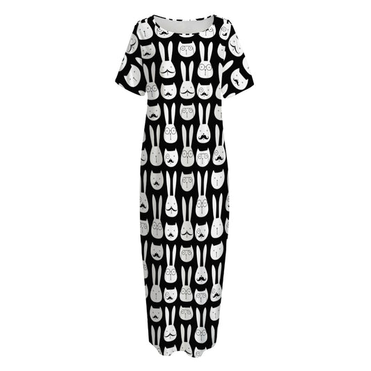 Rabbit And Cat Pattern Print Short Sleeve Long Nightdress