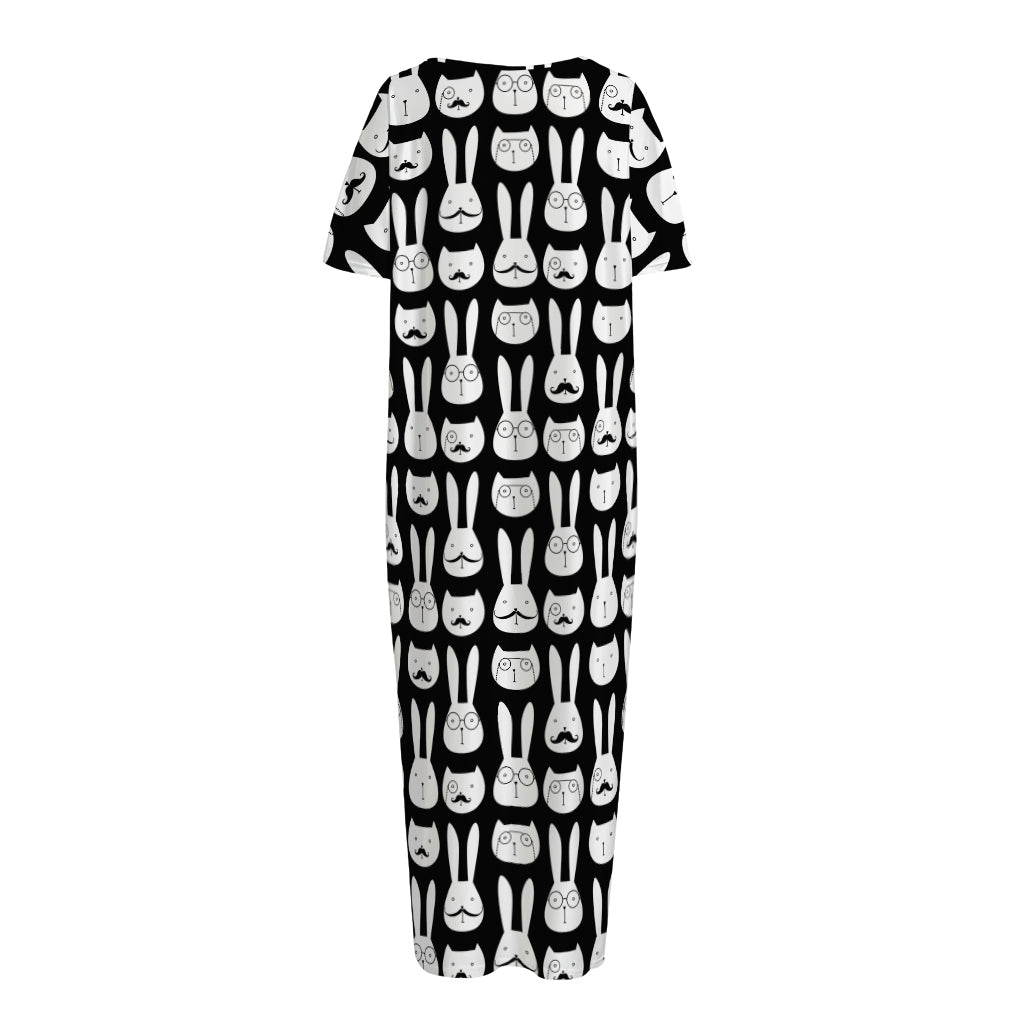 Rabbit And Cat Pattern Print Short Sleeve Long Nightdress