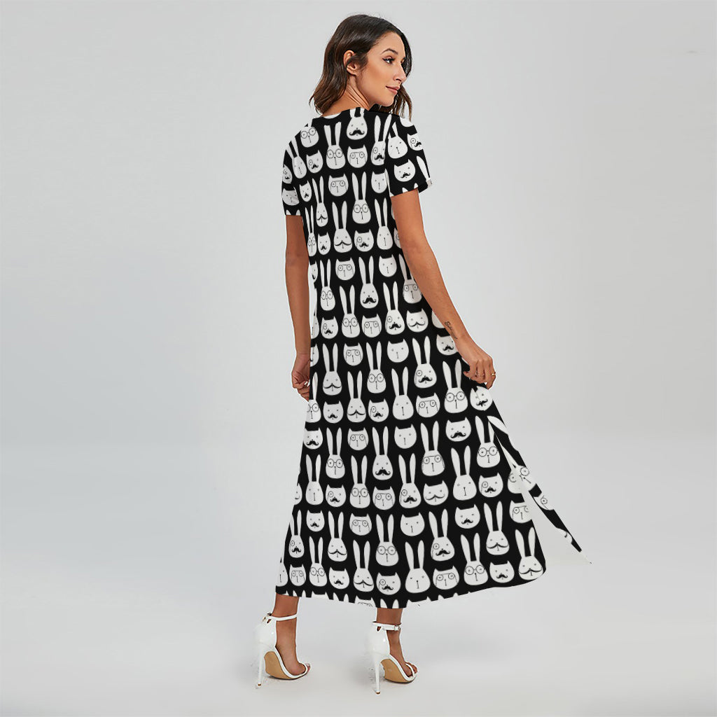 Rabbit And Cat Pattern Print Short Sleeve Maxi Dress