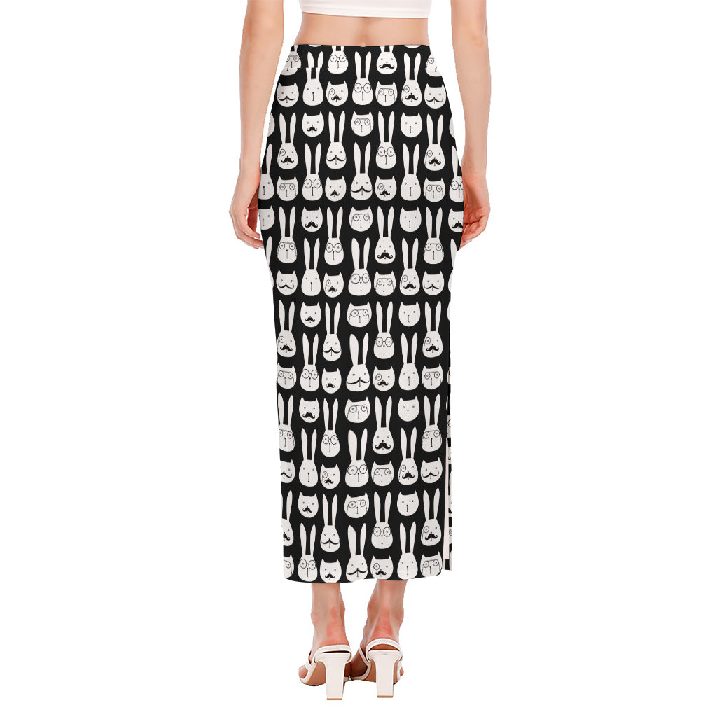 Rabbit And Cat Pattern Print Side Slit Maxi Skirt