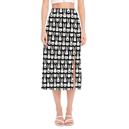 Rabbit And Cat Pattern Print Side Slit Midi Skirt