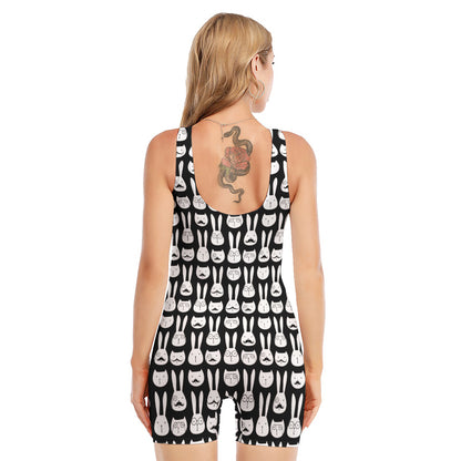 Rabbit And Cat Pattern Print Sleeveless One Piece Swimsuit