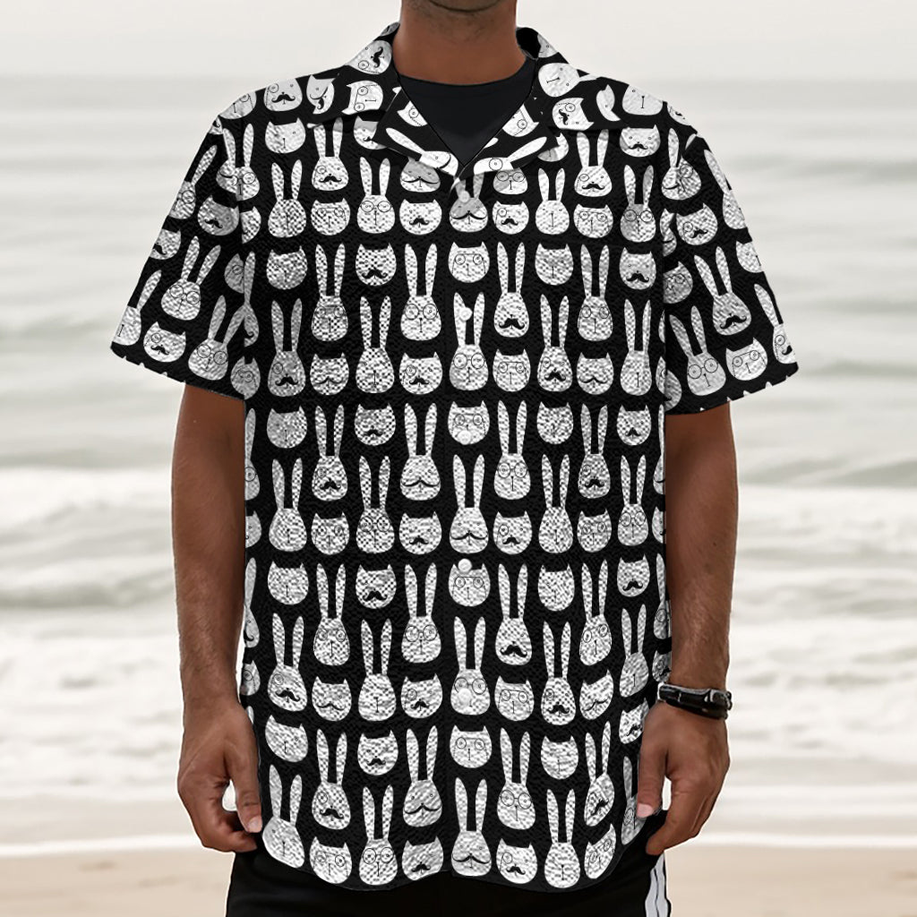 Rabbit And Cat Pattern Print Textured Short Sleeve Shirt