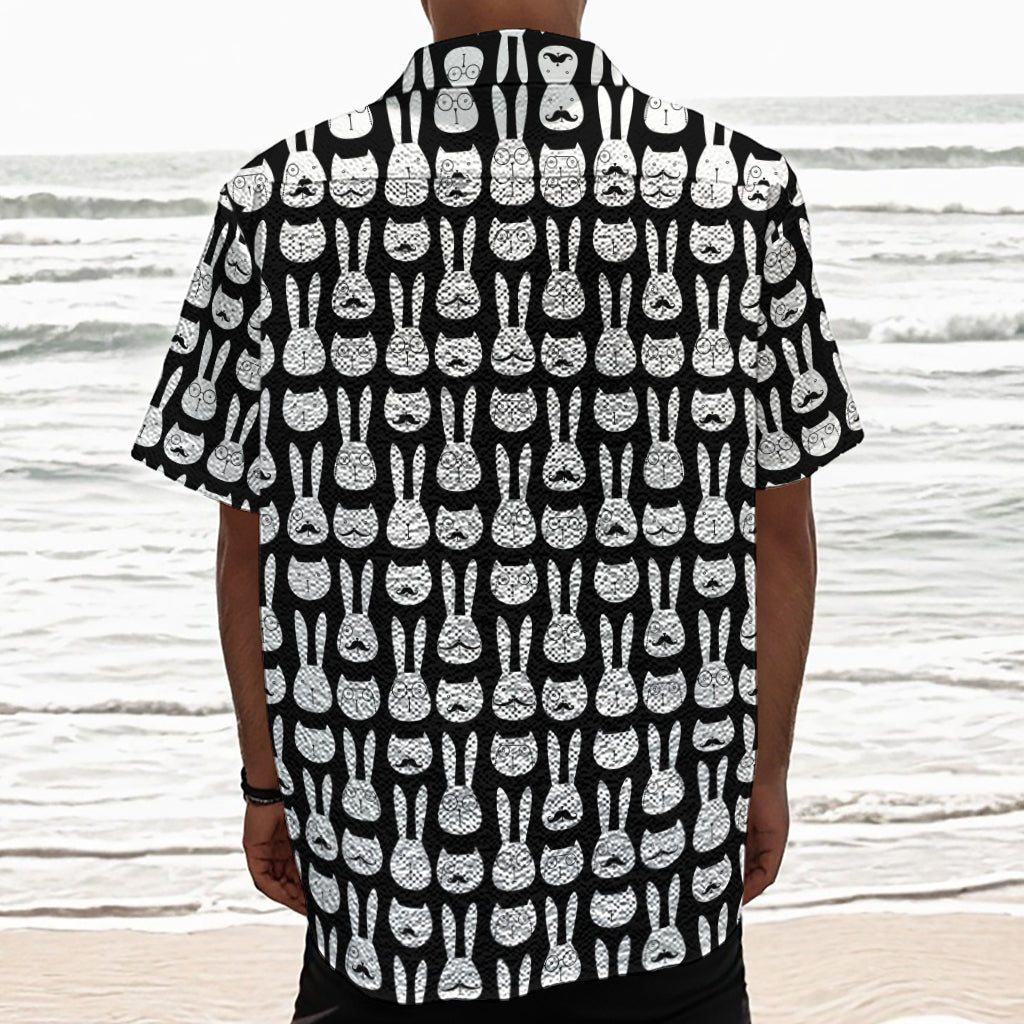 Rabbit And Cat Pattern Print Textured Short Sleeve Shirt