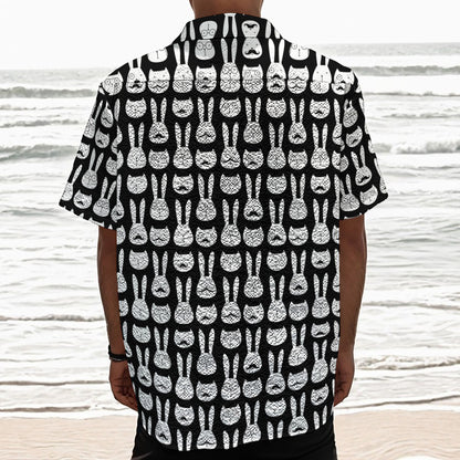 Rabbit And Cat Pattern Print Textured Short Sleeve Shirt