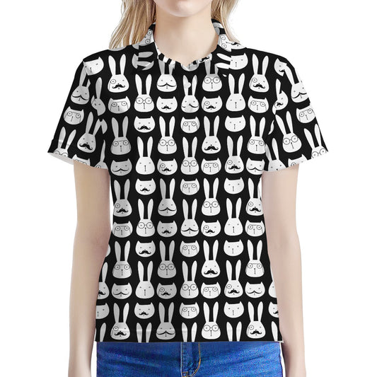 Rabbit And Cat Pattern Print Women's Polo Shirt