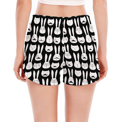 Rabbit And Cat Pattern Print Women's Split Running Shorts