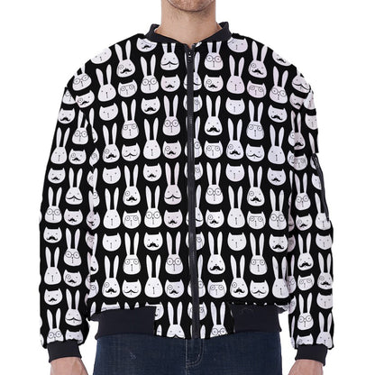 Rabbit And Cat Pattern Print Zip Sleeve Bomber Jacket