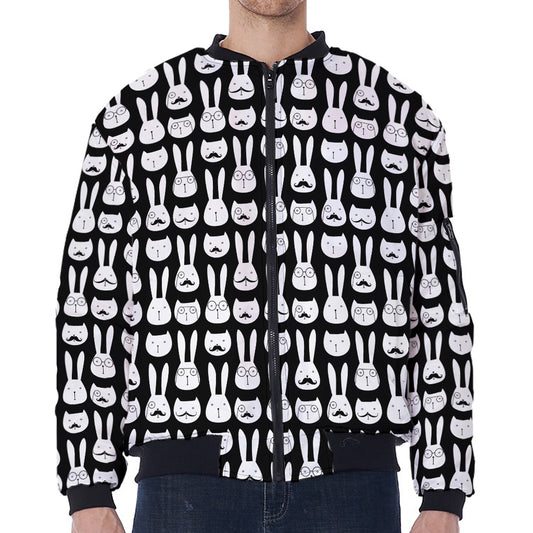 Rabbit And Cat Pattern Print Zip Sleeve Bomber Jacket