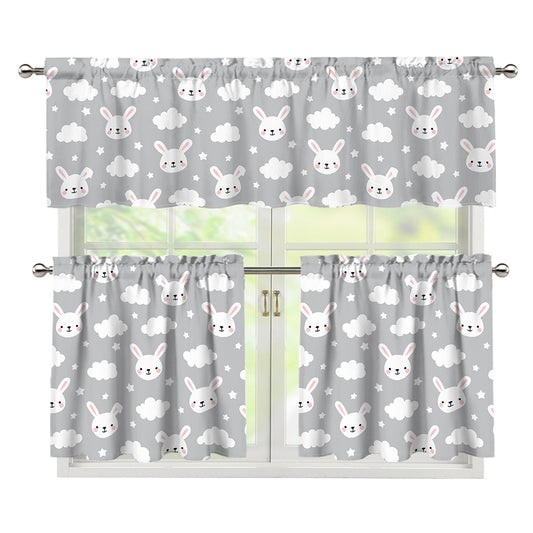 Rabbit And Cloud Pattern Print 3 Piece Kitchen Curtains