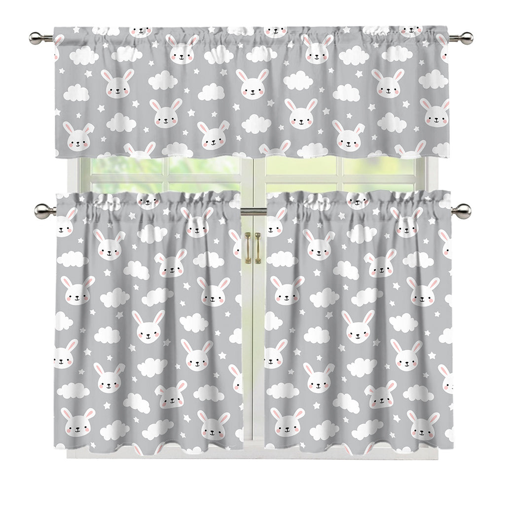 Rabbit And Cloud Pattern Print 3 Piece Kitchen Curtains
