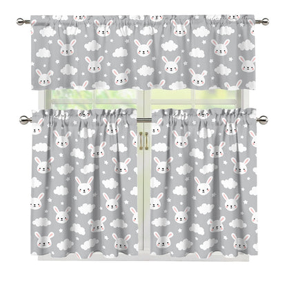 Rabbit And Cloud Pattern Print 3 Piece Kitchen Curtains