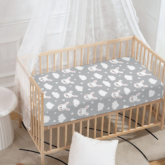 Rabbit And Cloud Pattern Print Baby Crib Sheet