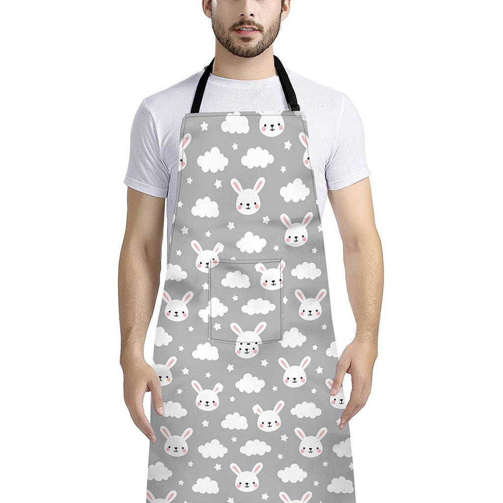 Rabbit And Cloud Pattern Print Bib Apron With Pocket
