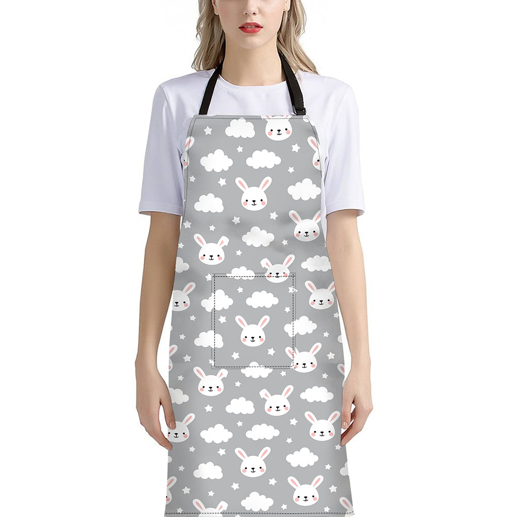 Rabbit And Cloud Pattern Print Bib Apron With Pocket