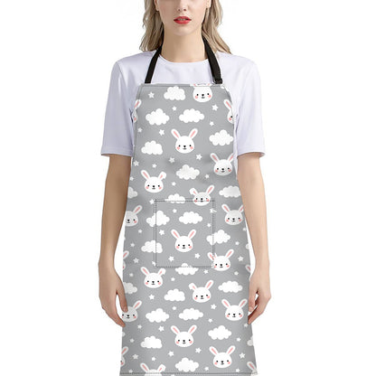 Rabbit And Cloud Pattern Print Bib Apron With Pocket