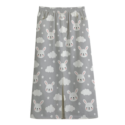Rabbit And Cloud Pattern Print Cotton Front Slit Maxi Skirt
