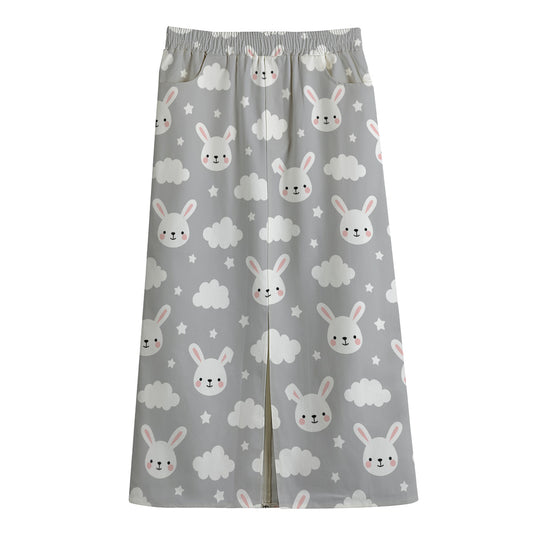 Rabbit And Cloud Pattern Print Cotton Front Slit Maxi Skirt