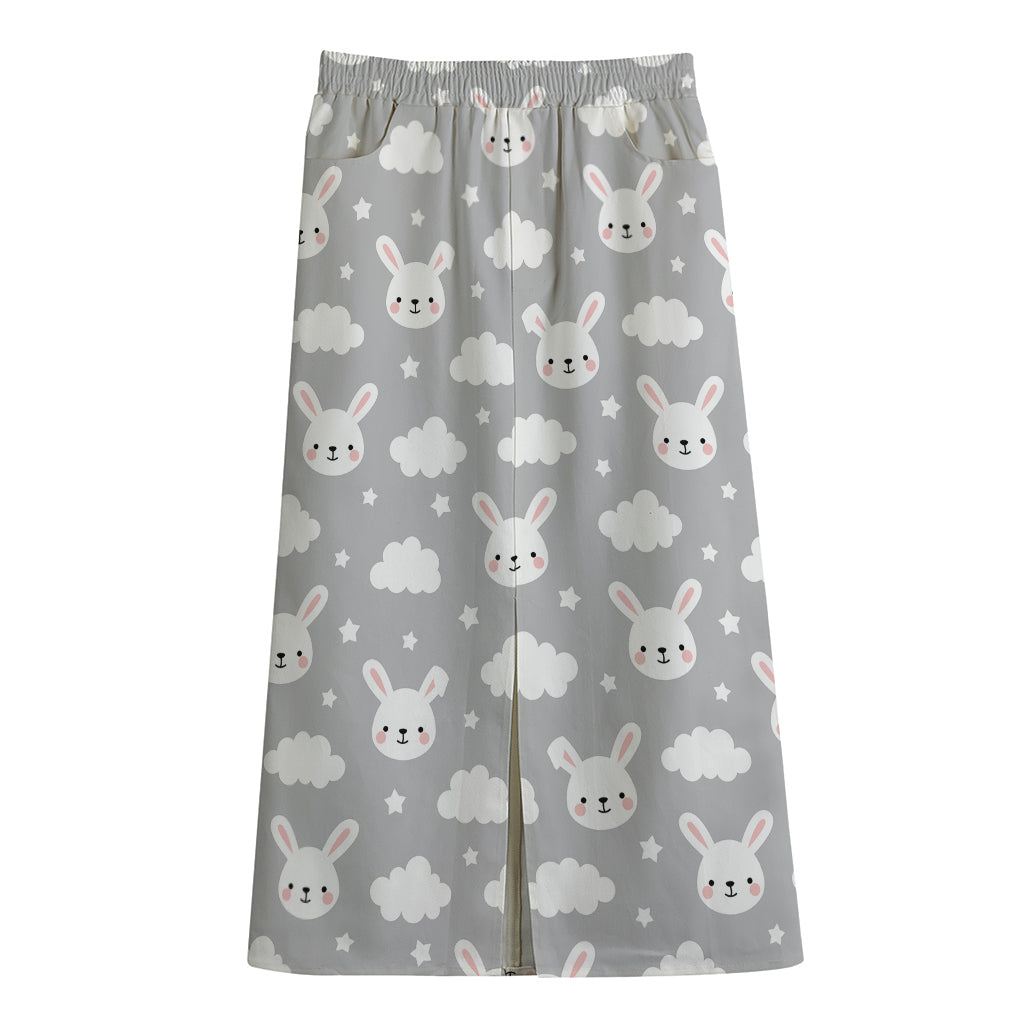 Rabbit And Cloud Pattern Print Cotton Front Slit Maxi Skirt