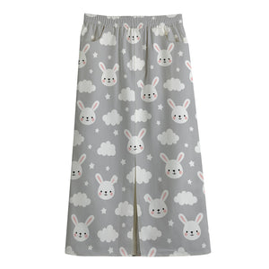 Rabbit And Cloud Pattern Print Cotton Front Slit Maxi Skirt