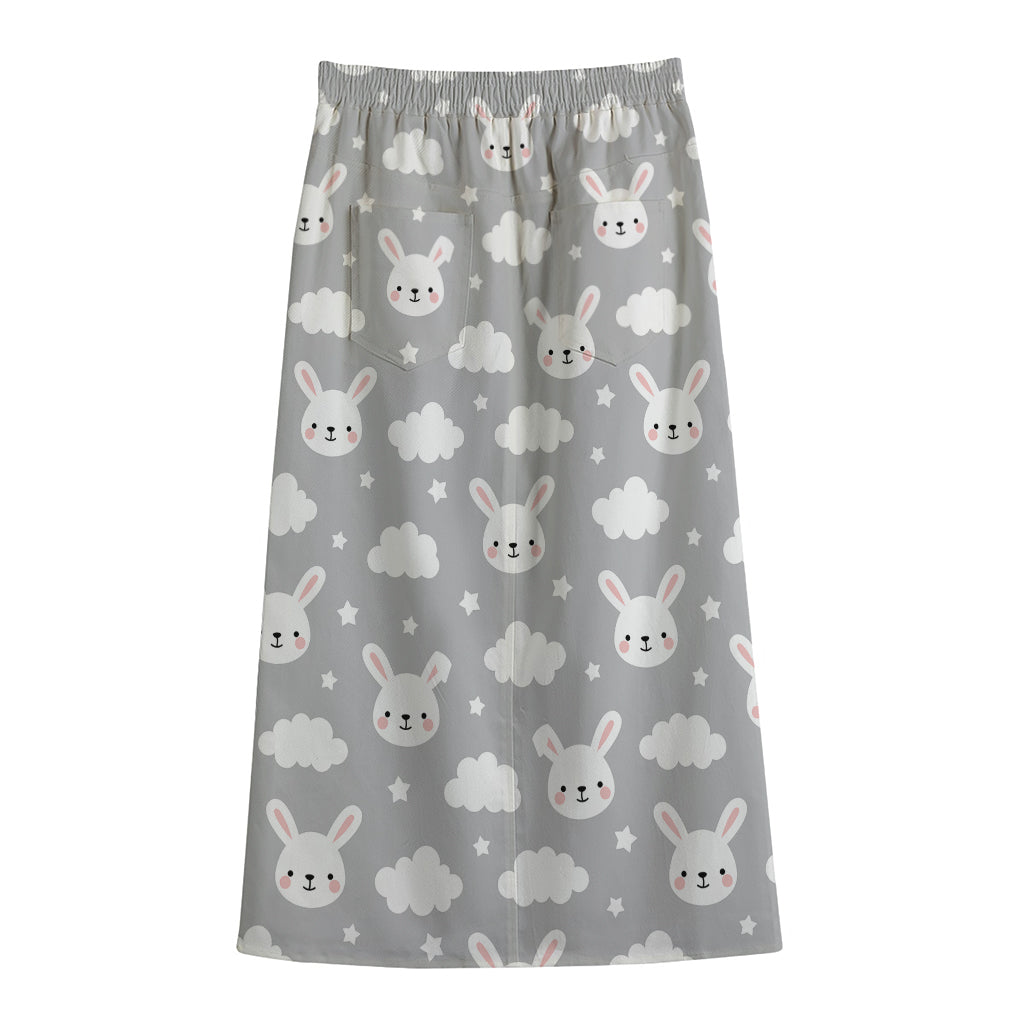 Rabbit And Cloud Pattern Print Cotton Front Slit Maxi Skirt