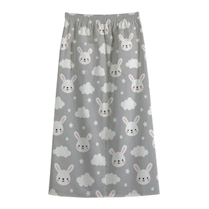 Rabbit And Cloud Pattern Print Cotton Front Slit Maxi Skirt