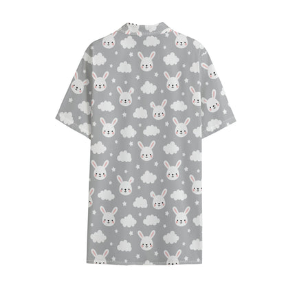 Rabbit And Cloud Pattern Print Cotton Hawaiian Shirt