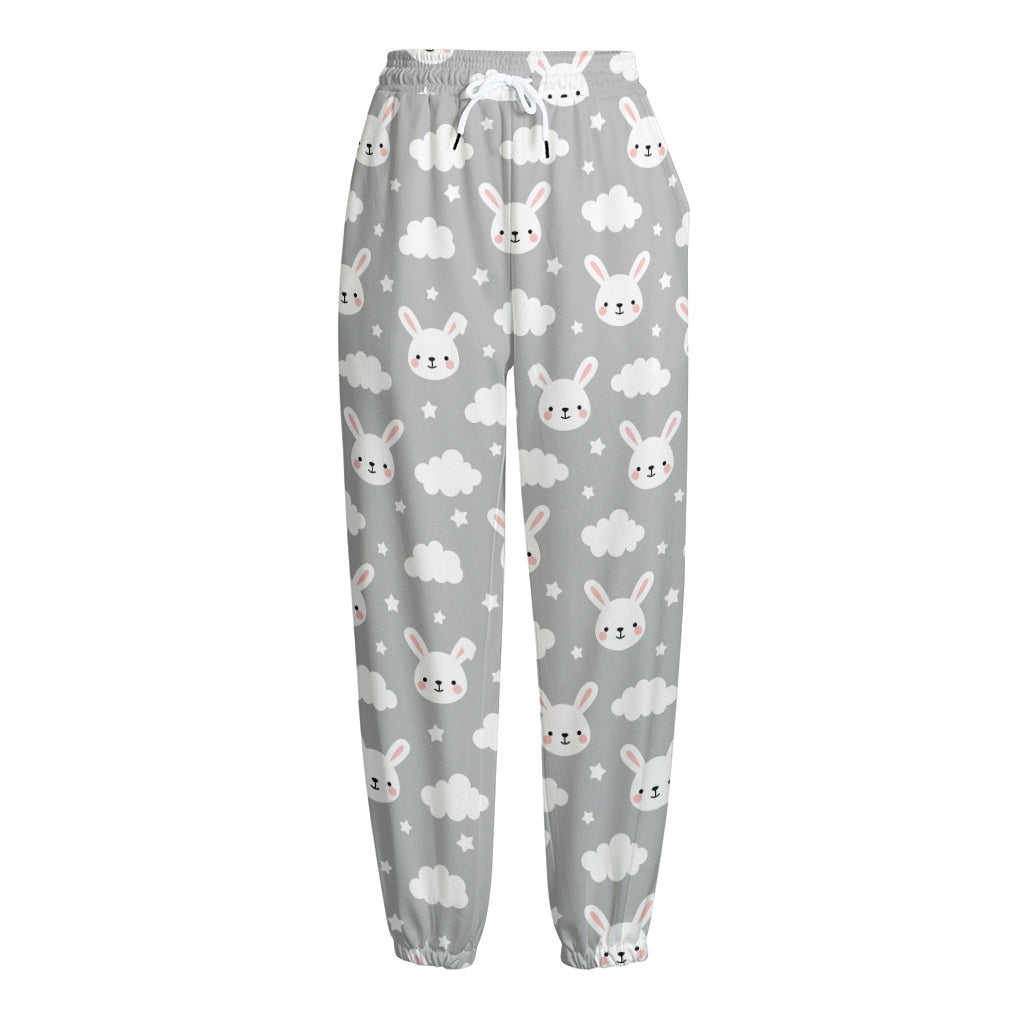 Rabbit And Cloud Pattern Print Fleece Lined Knit Pants