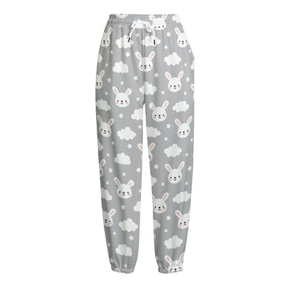 Rabbit And Cloud Pattern Print Fleece Lined Knit Pants