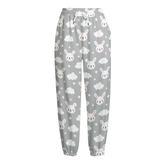 Rabbit And Cloud Pattern Print Fleece Lined Knit Pants