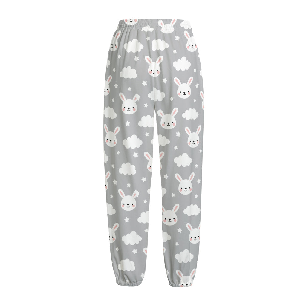 Rabbit And Cloud Pattern Print Fleece Lined Knit Pants