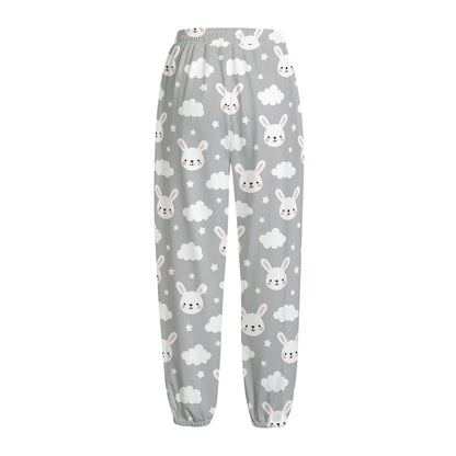 Rabbit And Cloud Pattern Print Fleece Lined Knit Pants