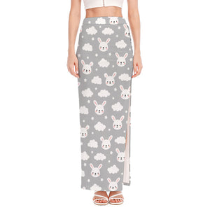 Rabbit And Cloud Pattern Print High Slit Maxi Skirt