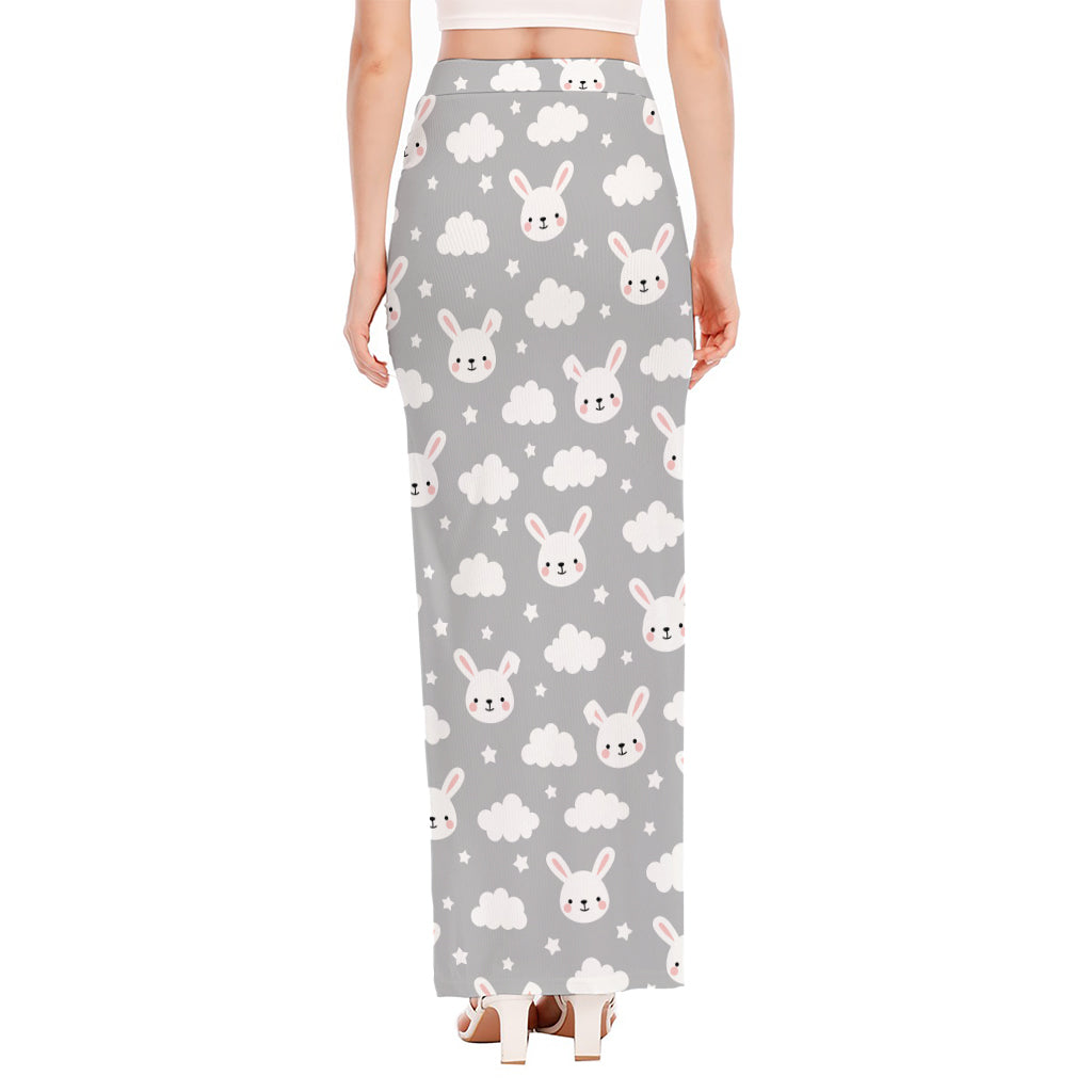 Rabbit And Cloud Pattern Print High Slit Maxi Skirt