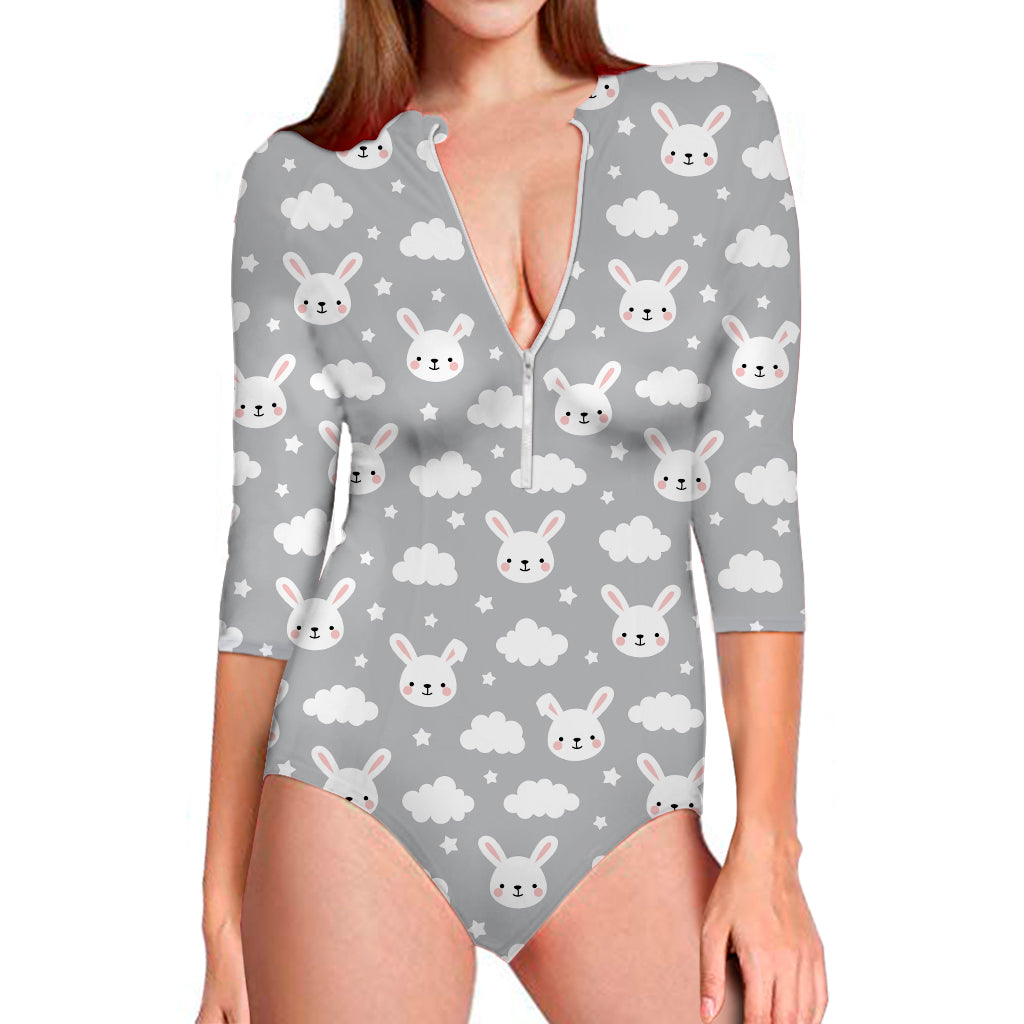 Rabbit And Cloud Pattern Print Long Sleeve Swimsuit