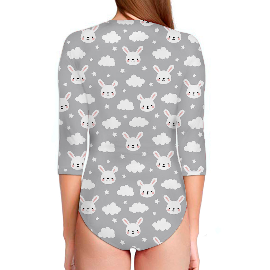 Rabbit And Cloud Pattern Print Long Sleeve Swimsuit