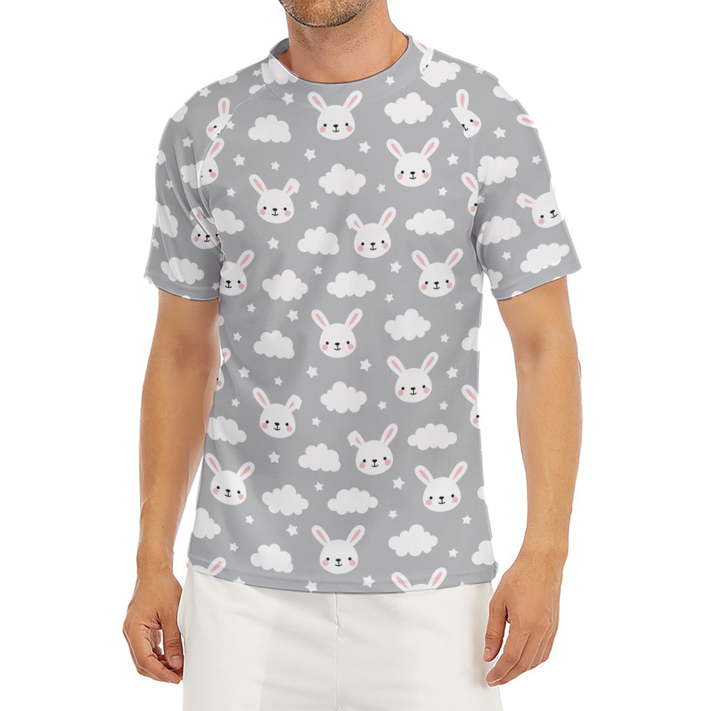 Rabbit And Cloud Pattern Print Men's Short Sleeve Rash Guard