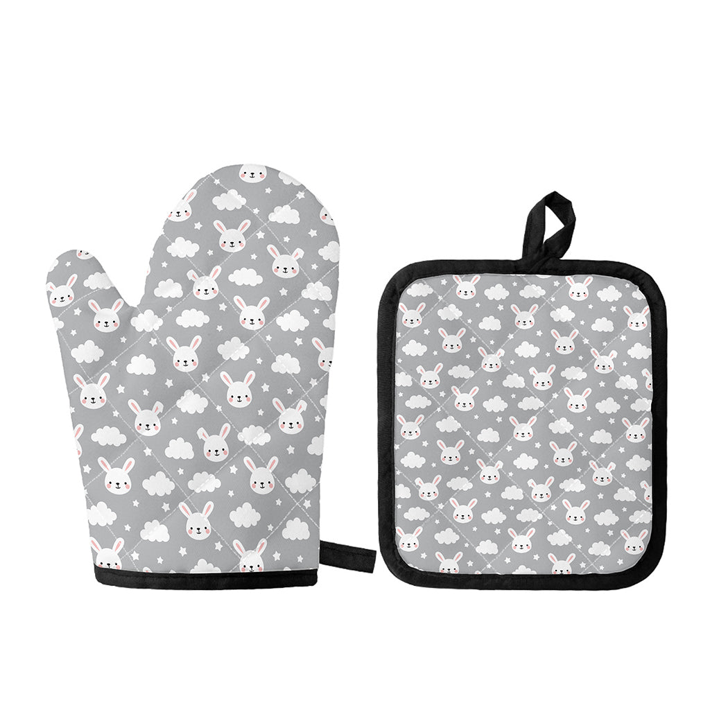 Rabbit And Cloud Pattern Print Oven Mitt And Pot Holder Set