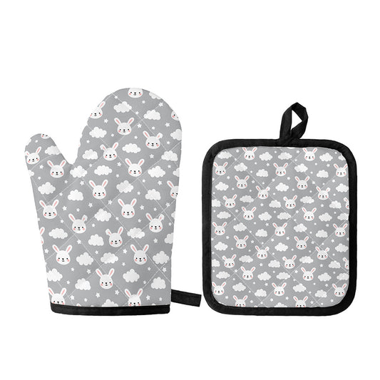 Rabbit And Cloud Pattern Print Oven Mitt And Pot Holder Set