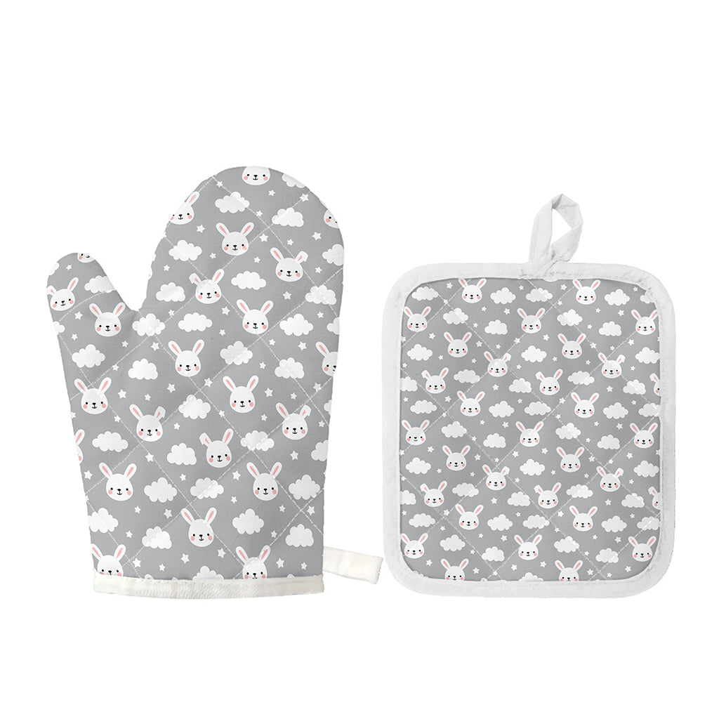 Rabbit And Cloud Pattern Print Oven Mitt And Pot Holder Set