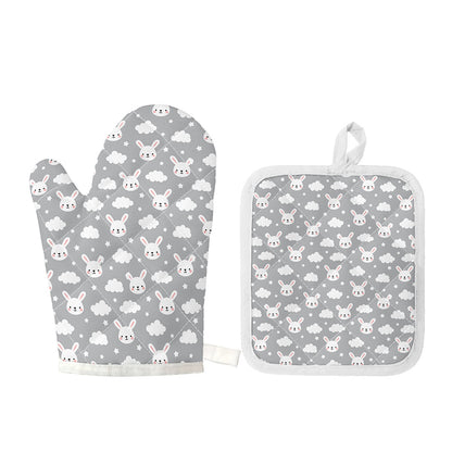 Rabbit And Cloud Pattern Print Oven Mitt And Pot Holder Set