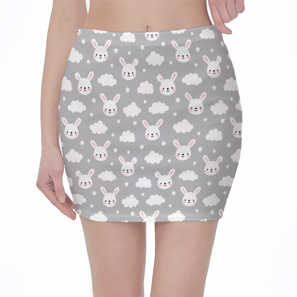 Rabbit And Cloud Pattern Print Pencil Mini Skirt