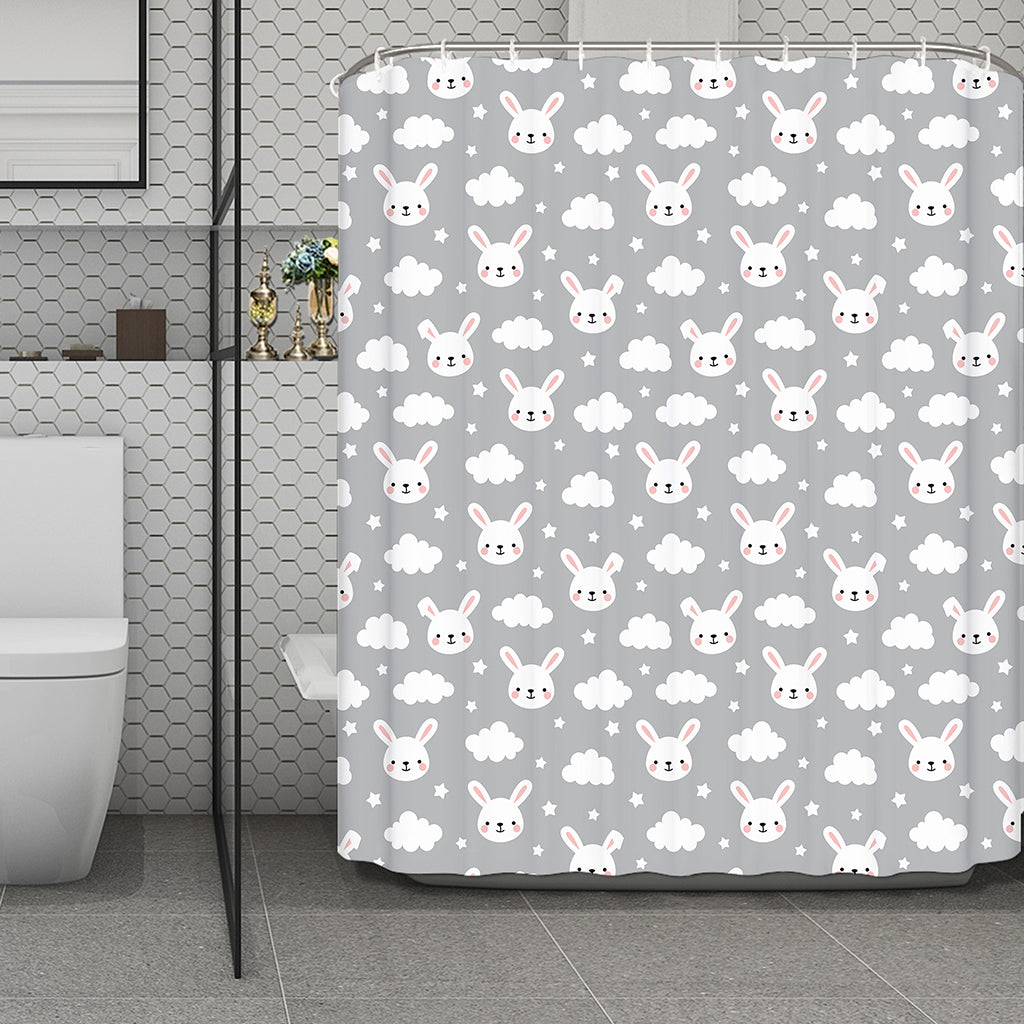 Rabbit And Cloud Pattern Print Polyester Shower Curtain